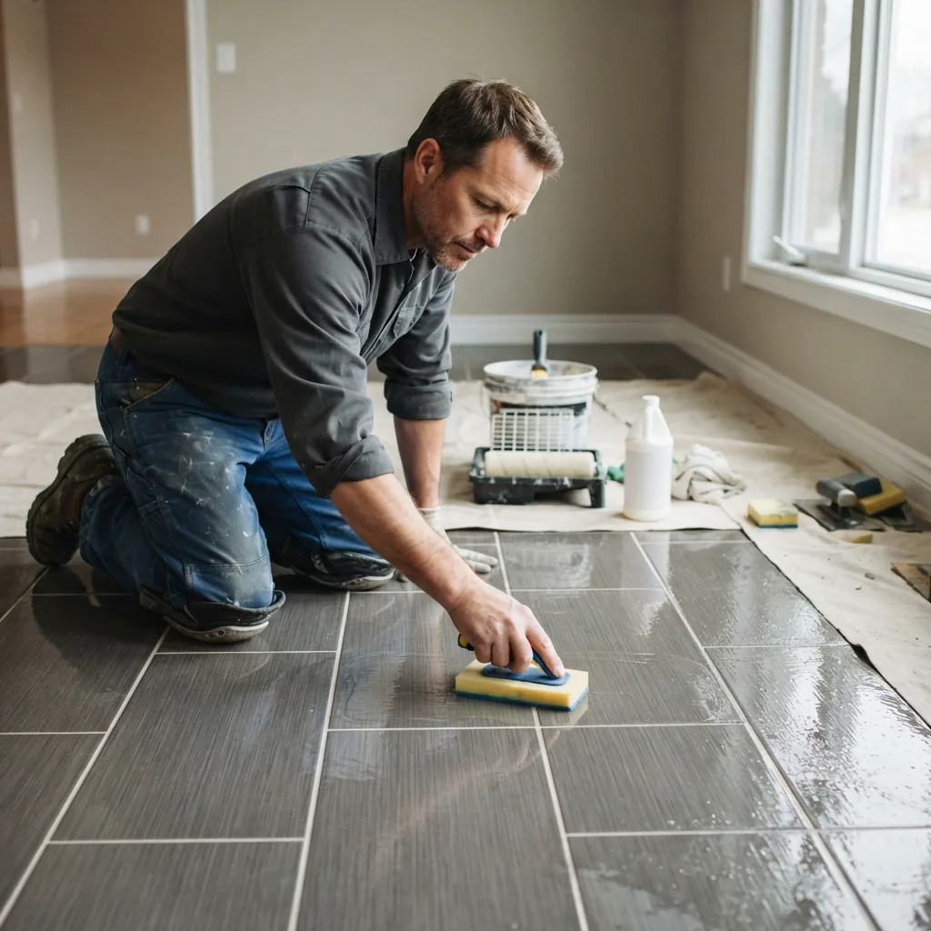 A contractor applying sealer to newly installed floor tiles in a residential home.