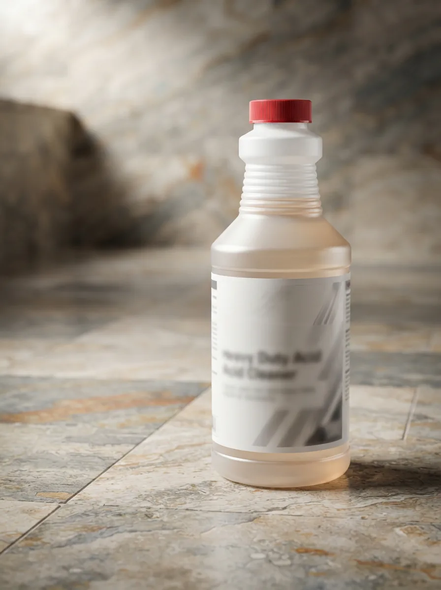 A quart-sized bottle of Miracle Sealants Phosphoric Acid Cleaner prominently displayed against a backdrop of clean, restored tile and stone.
