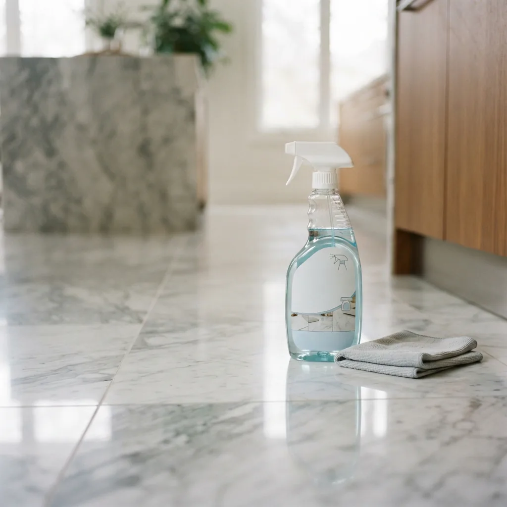 A spray bottle of the natural stone maintenance cleaner on a sealed marble floor.