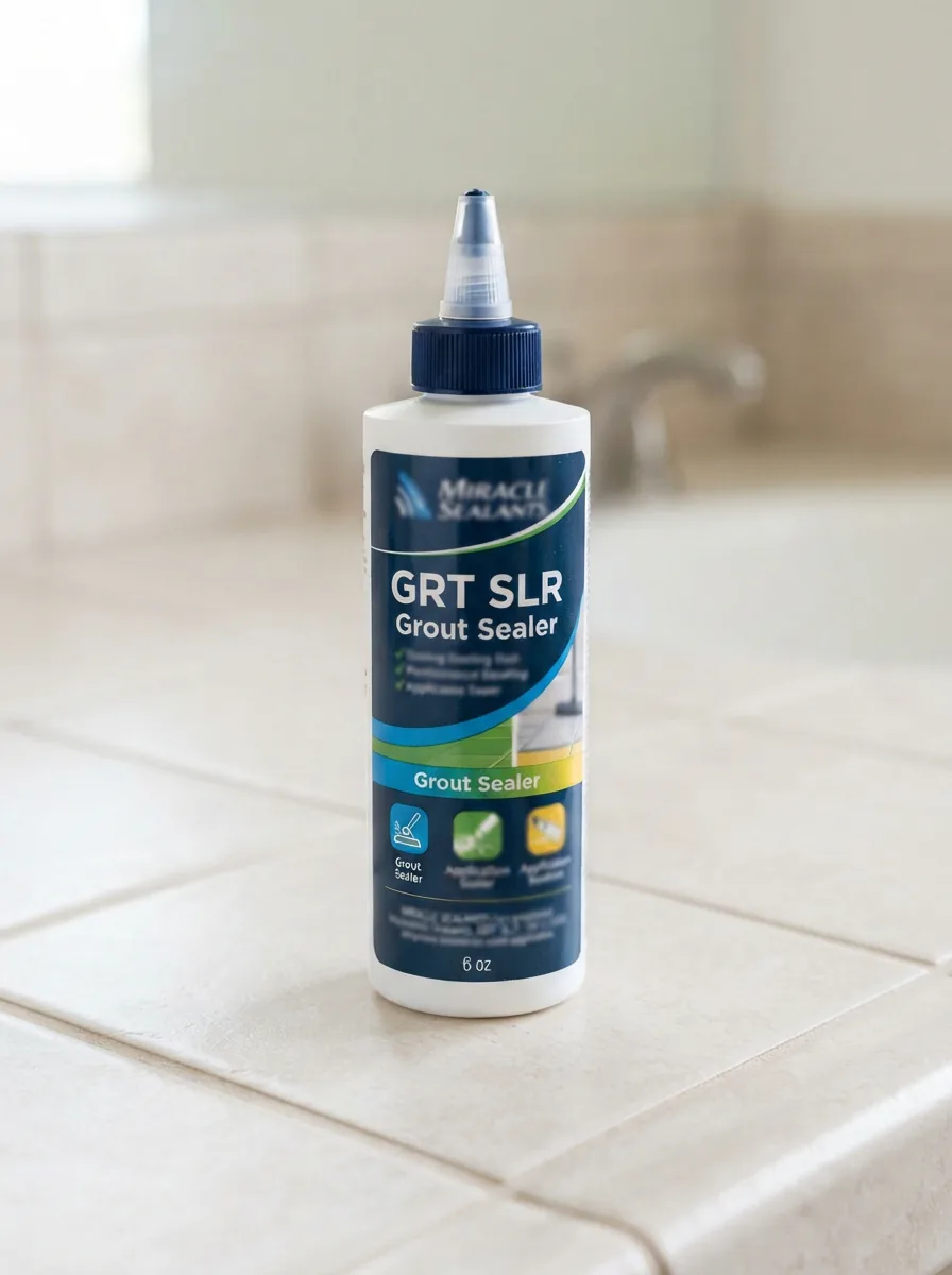 The Miracle Sealants GRT SLR Grout Sealer bottle centered on a tiled surface.