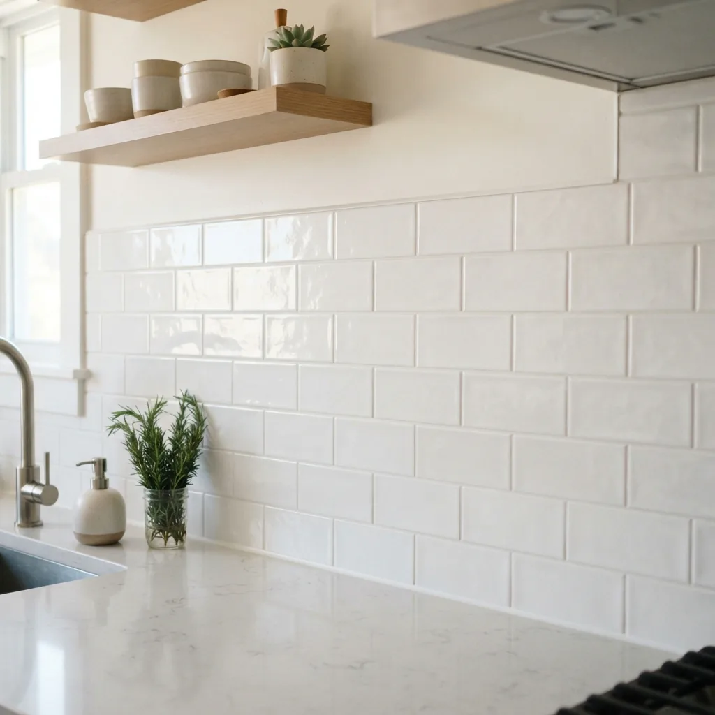 A bright kitchen with a white subway tile backsplash showing clean, sealed grout lines after application.