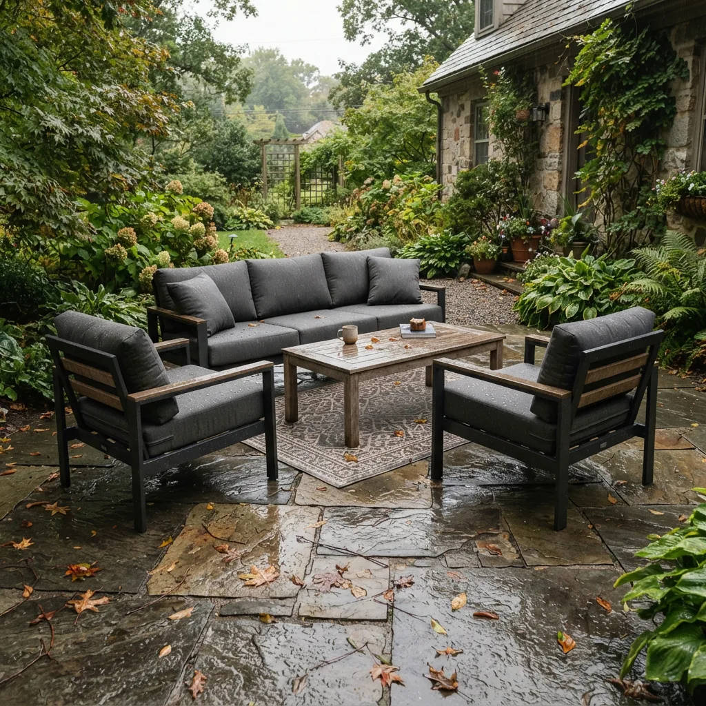 An outdoor stone patio with patio furniture after a rain shower.