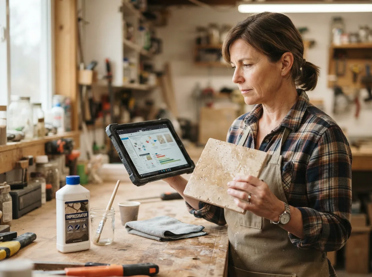 A person consulting a tablet with a surface compatibility guide while looking at a sample of sealed stone tile.