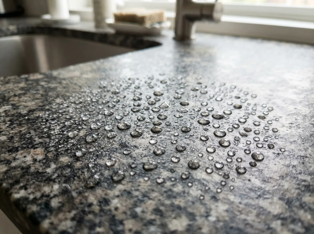 Close-up of water beading on a sealed granite countertop after applying Miracle Sealants 511 Impregnator.