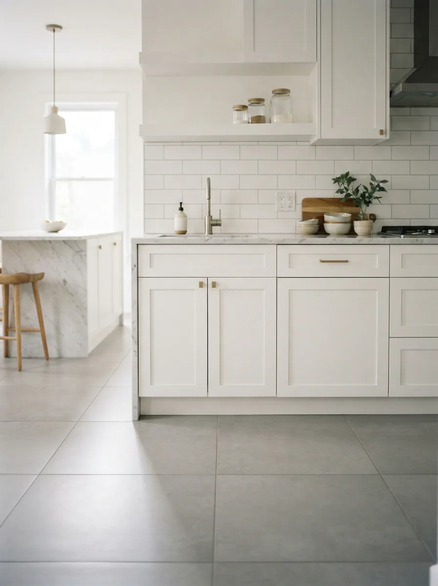 A beautifully cleaned kitchen with gleaming white tile and crisp, clean grout lines.