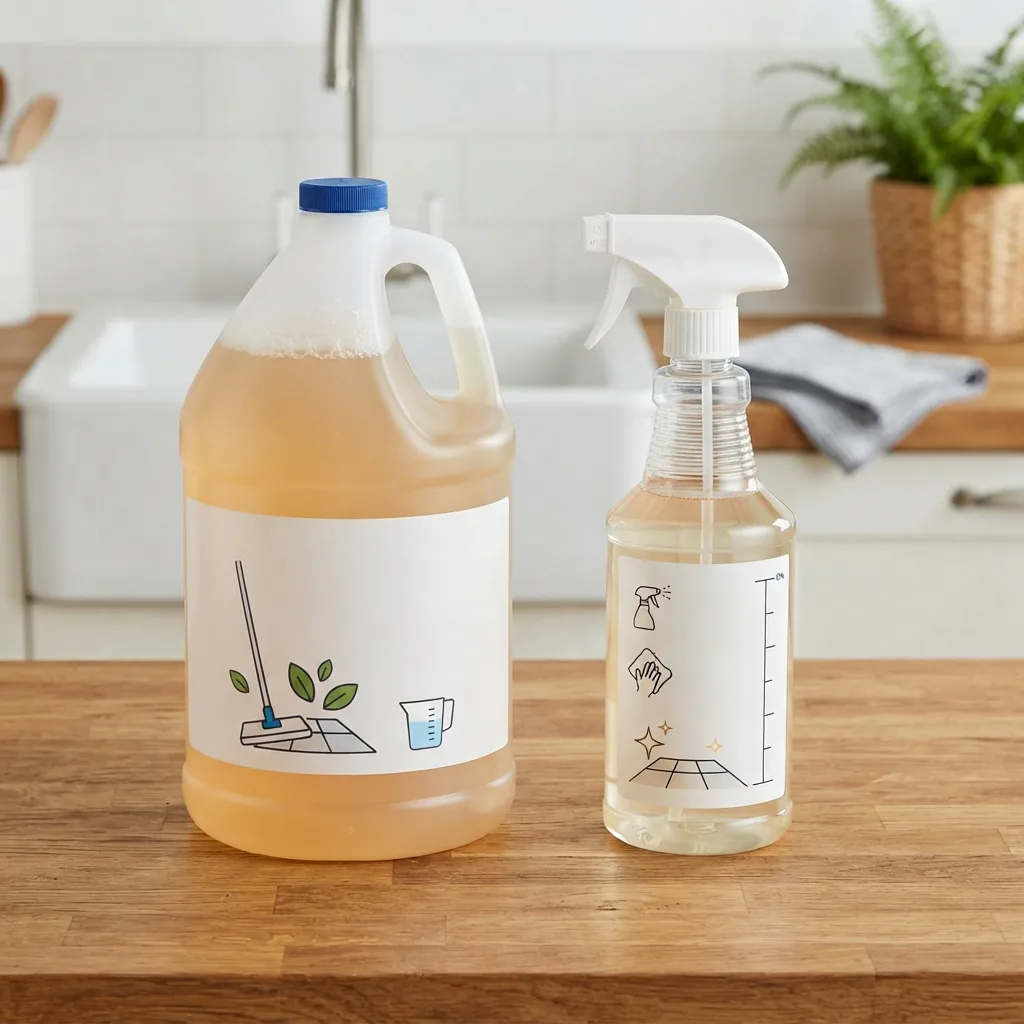 A concentrated cleaner jug next to a ready-to-use spray bottle on a wooden countertop.