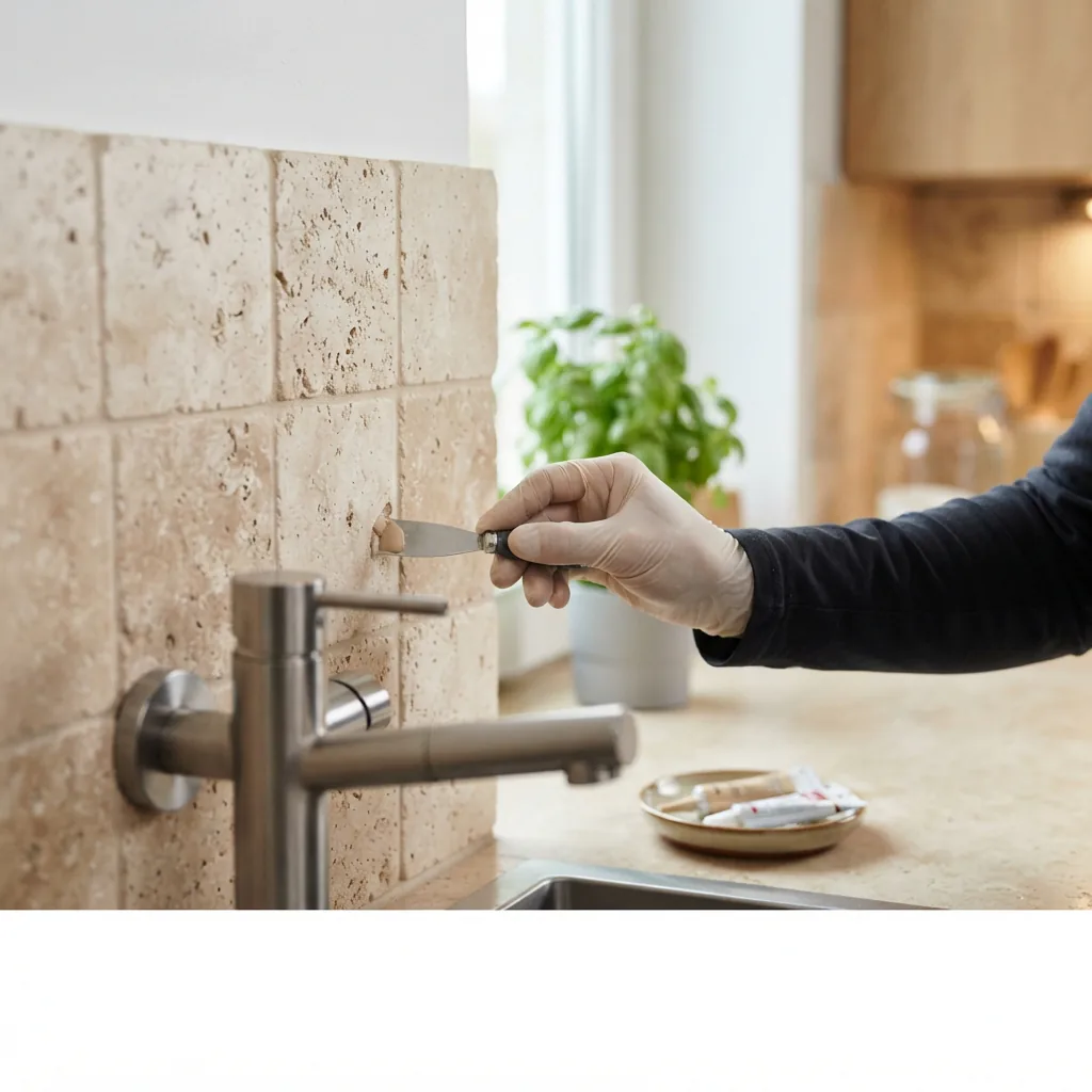 Filling a small chip on a travertine kitchen backsplash tile behind a faucet.