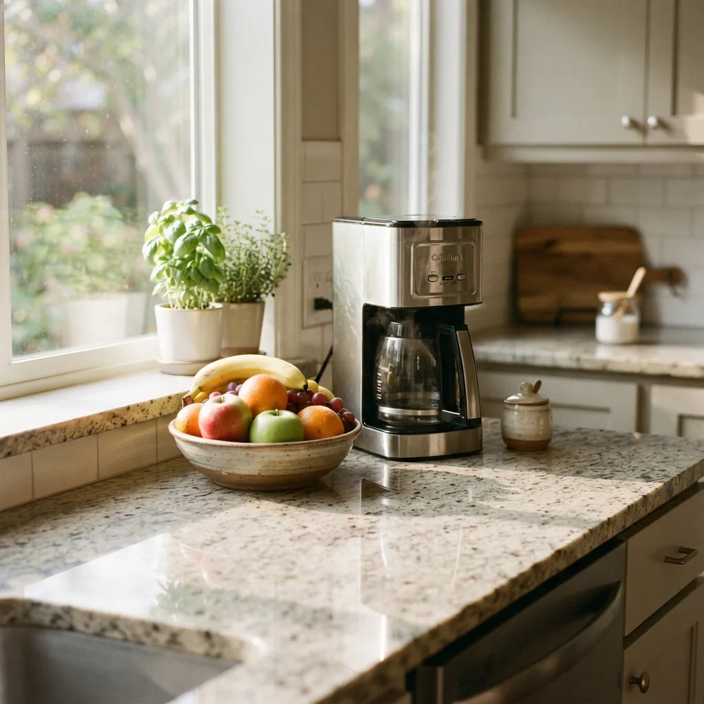 A pristine, sealed kitchen countertop with a fruit bowl and coffee maker.