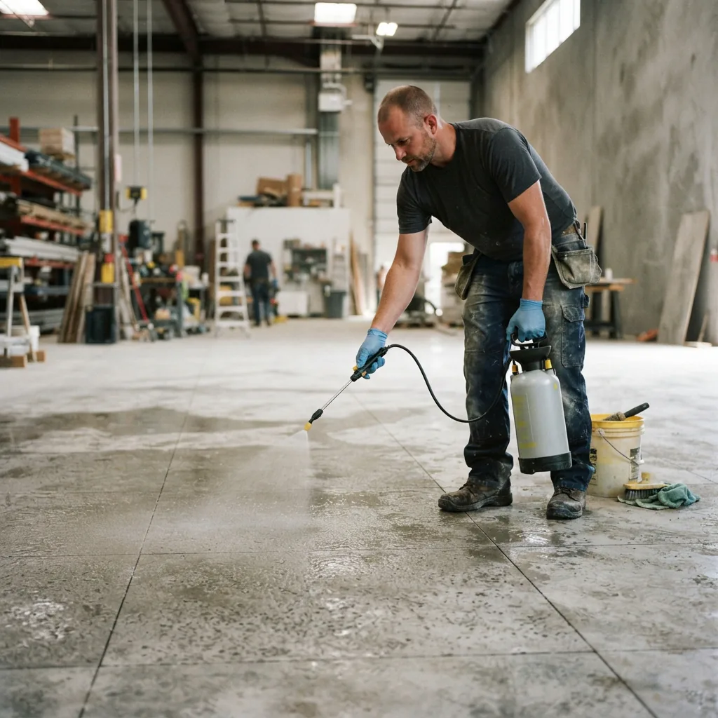 A contractor in work gear spraying cleaner on a large commercial tile floor during surface preparation.