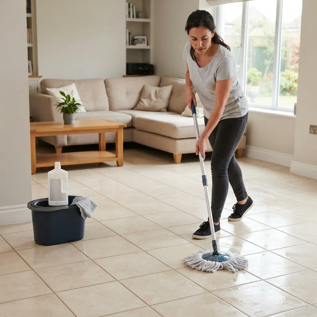 A person thoroughly cleaning a ceramic tile floor with a mop before sealing.