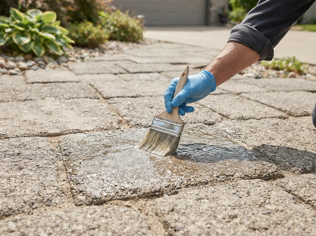 The sealer being applied to a porous concrete paver with a brush, showing easy application.