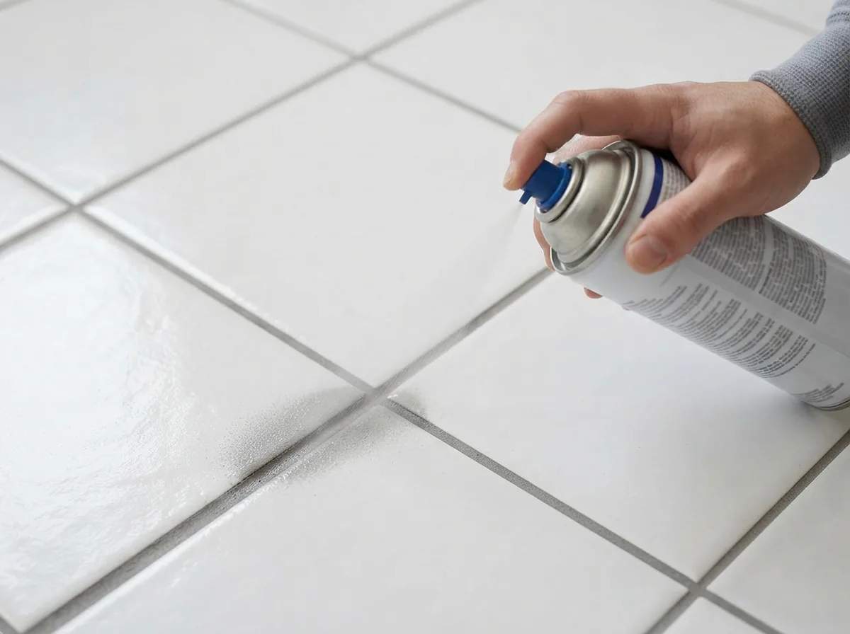Close-up of a hand spraying a can of Miracle 511 grout sealer onto a line of grey grout between white floor tiles.