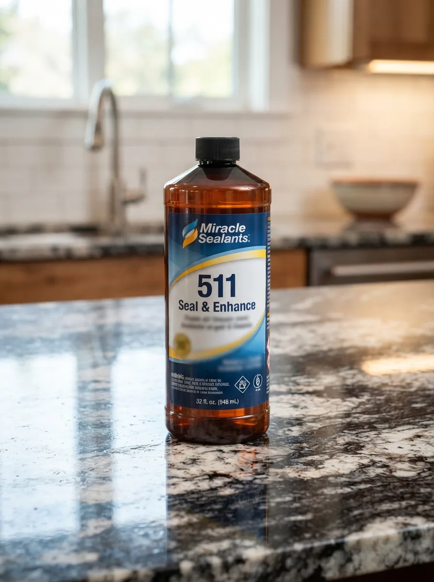 Hero product shot of the 32 oz bottle on a finished stone countertop