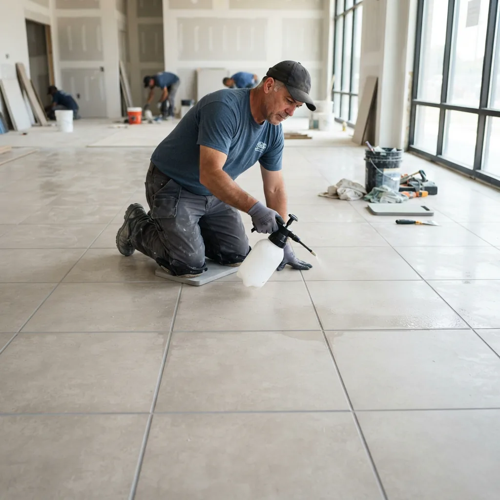 A contractor applying sealer to the grout lines of a newly installed tile floor in a commercial setting.