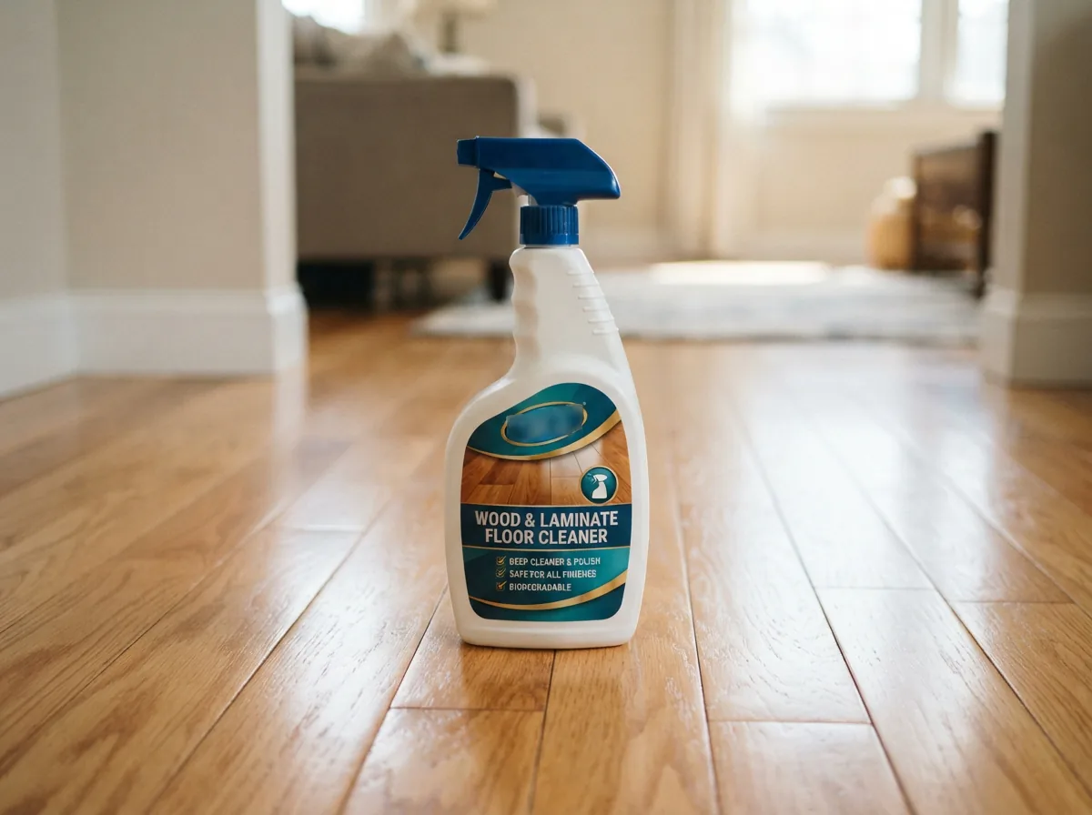 A bottle of wood & laminate cleaner on a sealed hardwood floor.