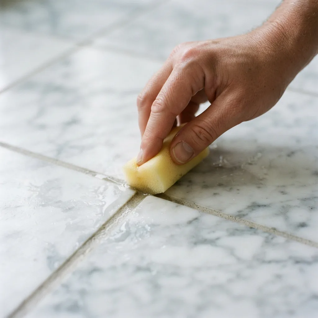 A hand using a sponge to apply the sealer evenly across a section of sealed grout lines.