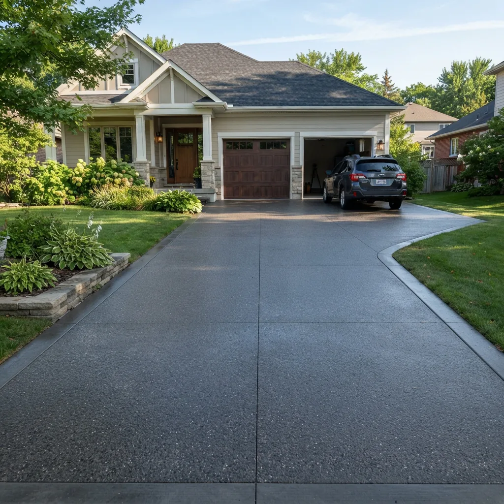 A newly sealed concrete driveway with a car parked at the end, showing a clean, protected surface.