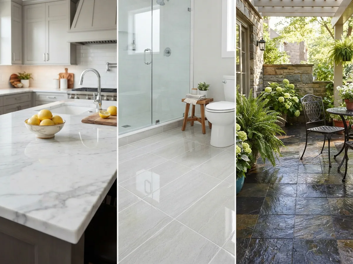 A collage showing a sealed kitchen countertop, a protected bathroom floor, and an outdoor stone patio.