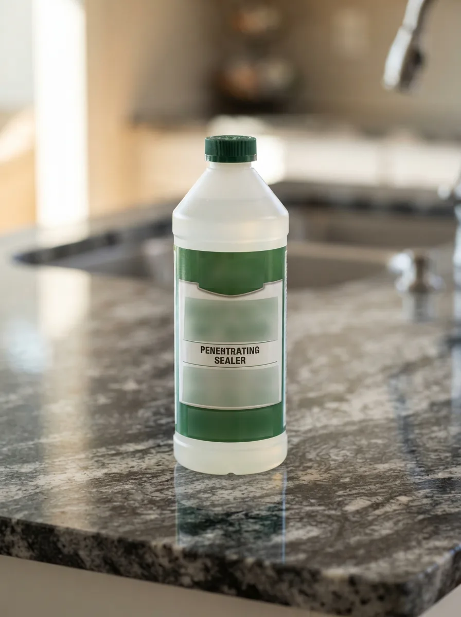 A bottle of Miracle Sealants 511 Impregnator Sealer Clear sitting on a pristine, sealed granite countertop.