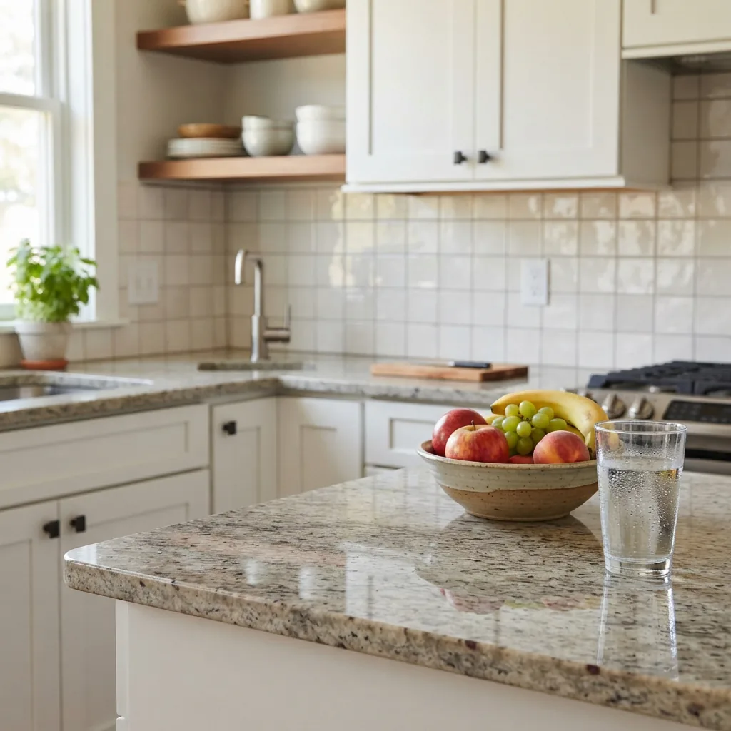 A modern kitchen with sealed granite countertops and a sealed tile backsplash.