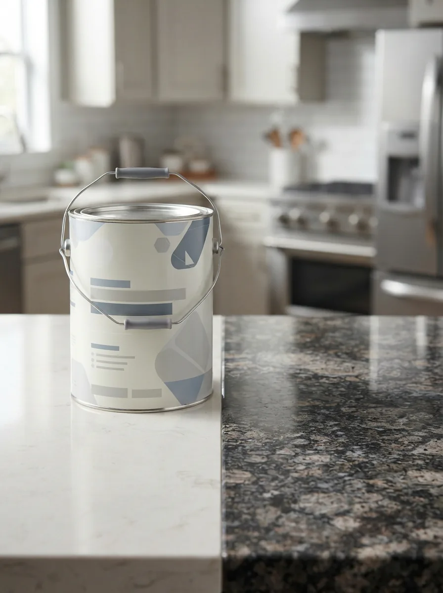 A gallon can of Miracle Sealants 511 Impregnator prominently displayed next to a beautifully sealed granite countertop.