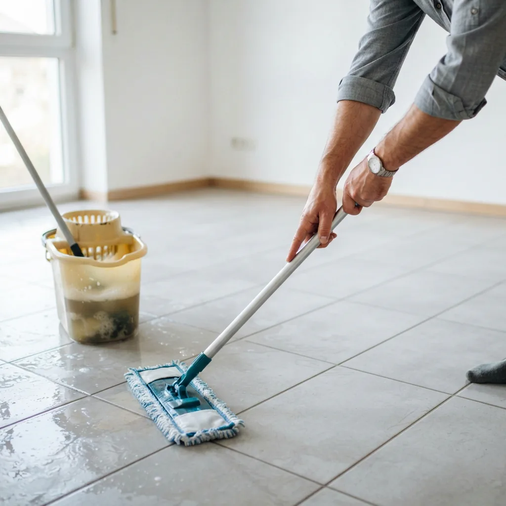Person cleaning a tile floor with a mop and bucket in preparation for sealing.