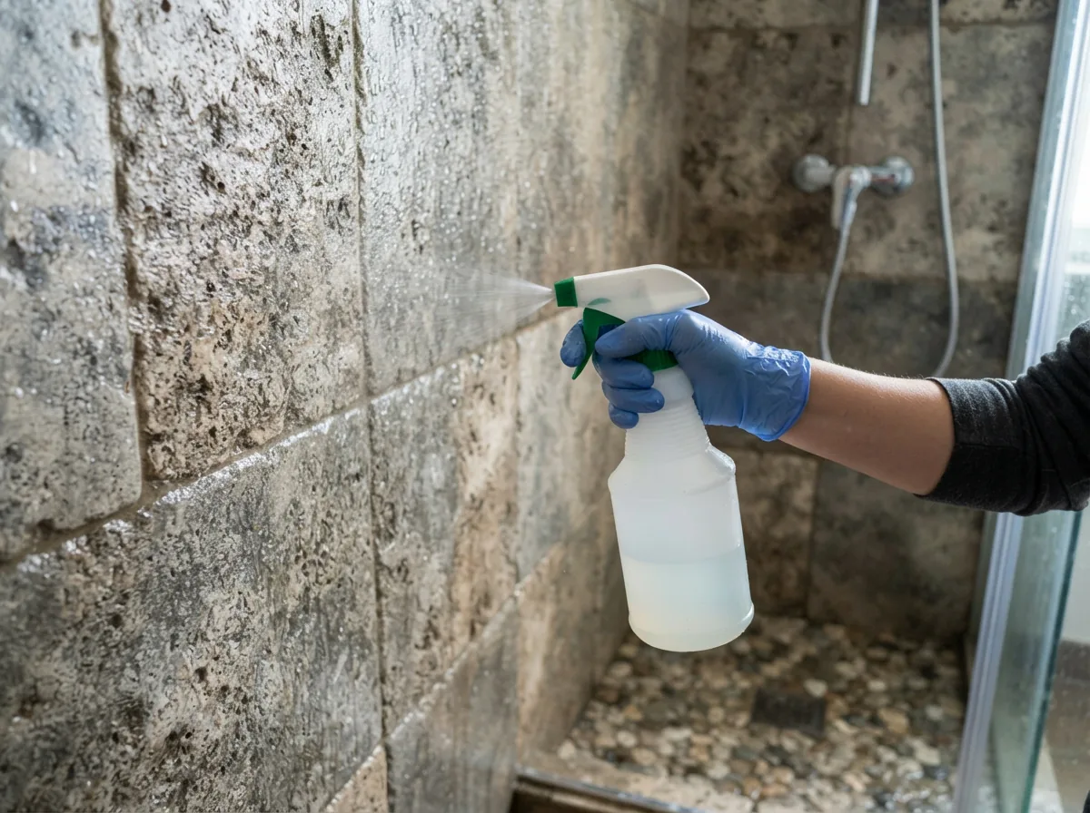 A spray nozzle applying cleaner to a non-polished natural stone shower wall tile.