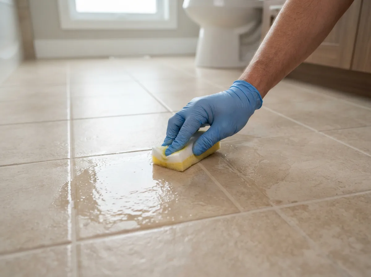 A hand in a glove applying the sealer to a tiled bathroom floor with a sponge, showing a natural finish.