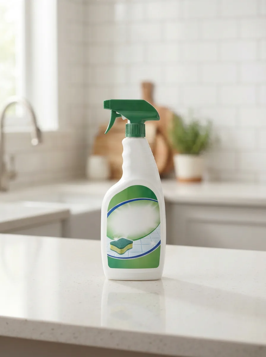 Bottle of Miracle Sealants Porcelain & Ceramic Tile Scrubbing Cleaner on a kitchen countertop.