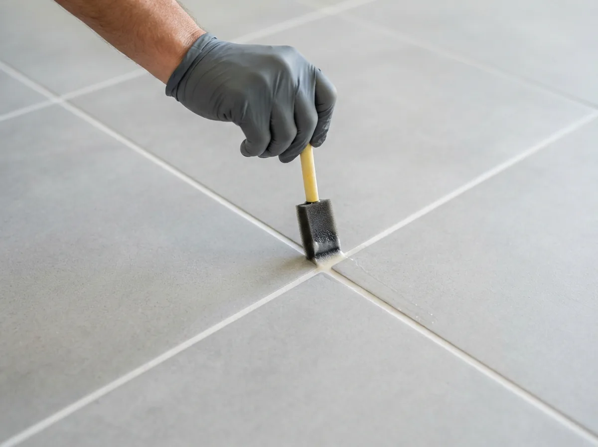 A close-up of a hand applying clear sealer to white sanded grout lines between large floor tiles.