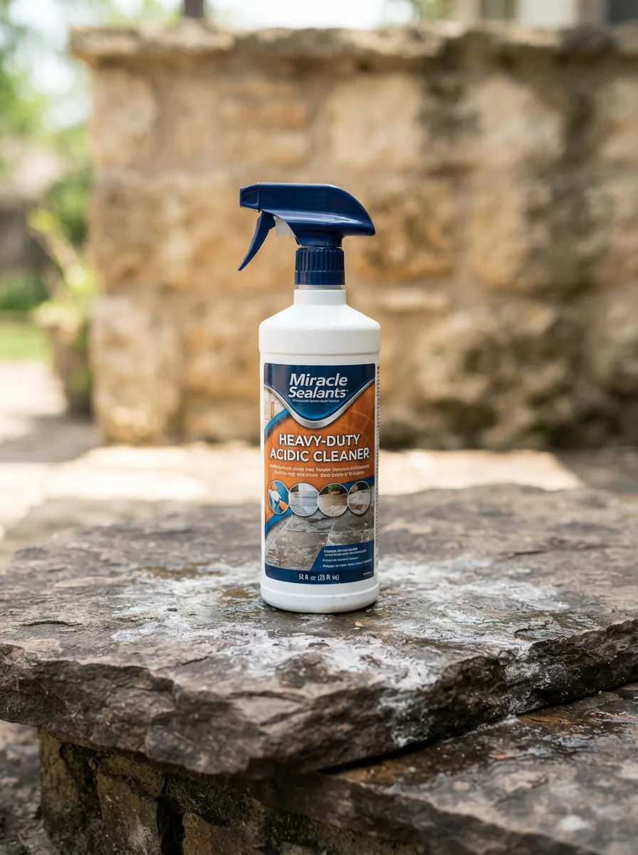 The bottle of Miracle Sealants Heavy-Duty Acidic Cleaner on a textured stone surface.