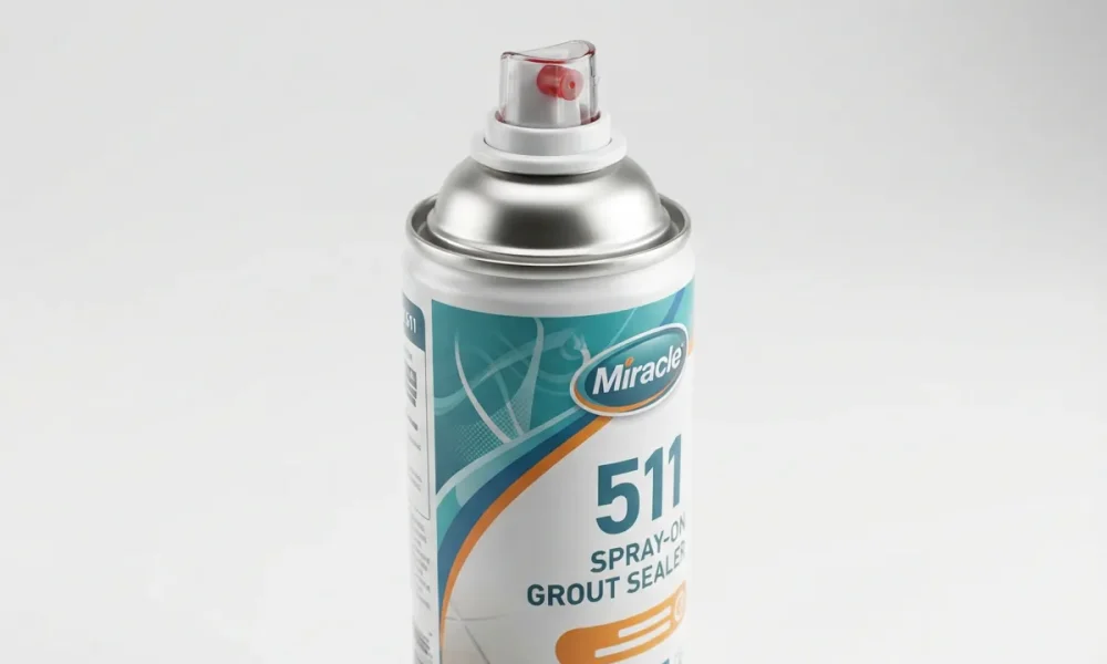 A detailed, angled view of the Miracle 511 Spray-On Grout Sealer can, highlighting the nozzle and professional labeling.