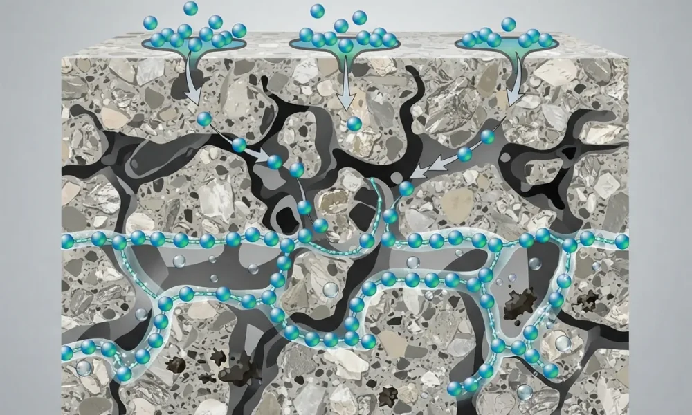 Diagram showing the penetrating action of Miracle Sealants 511 within a stone cross-section.
