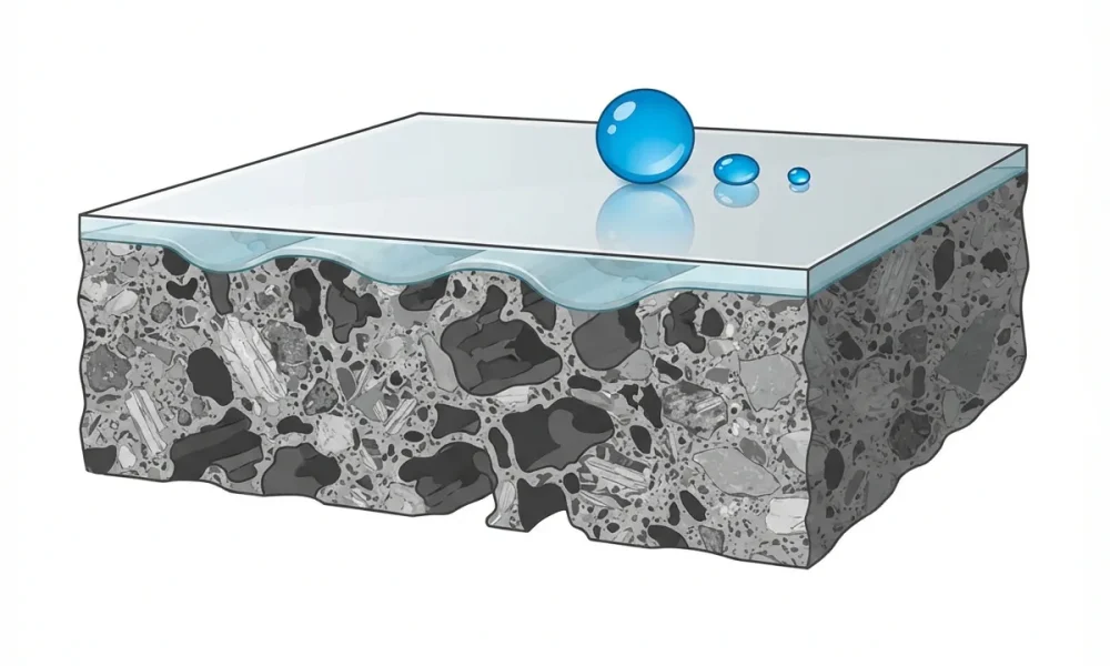 A cross-section illustration showing sealer penetrating the pores of a stone surface.
